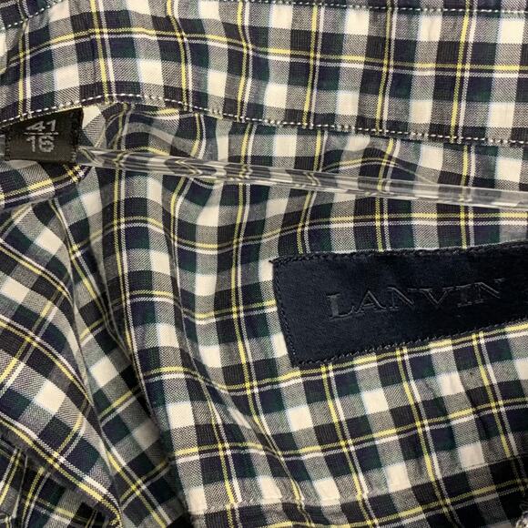 LANVIN Size M Navy Green White Plaid Cotton Contrast Collar Long Sleeve Shirt - Picture 5 of 6